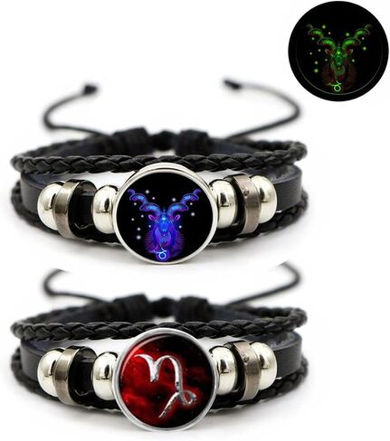 Aktully 2Pcs Multilayer Constellation Zodiac Leather Bracelet Vintage Black Leather Bracelet Adjustable Handmade Woven Bracelet Birthday Jewelry Gift for Women Men in Saudi Arabia