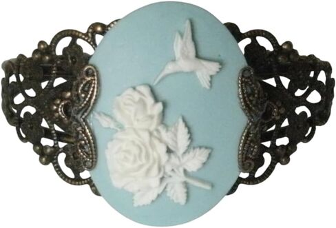 Blue Hummingbird Cameo Antiqued Brass Cuff Bracelet, Nature Bird Lovers in Saudi Arabia