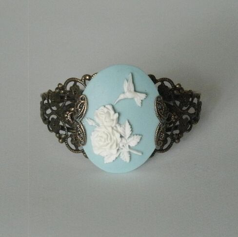 Blue Hummingbird Cameo Antiqued Brass Cuff Bracelet, Nature Bird Lovers in Saudi Arabia