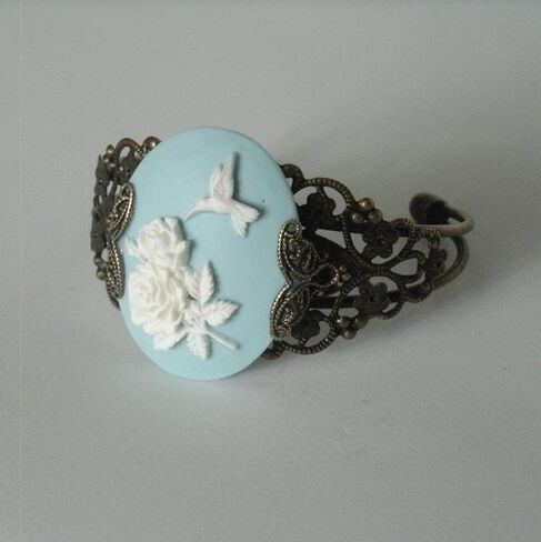 Blue Hummingbird Cameo Antiqued Brass Cuff Bracelet, Nature Bird Lovers in Saudi Arabia
