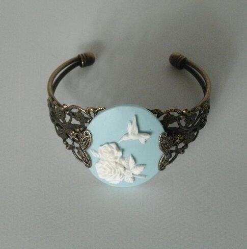 Blue Hummingbird Cameo Antiqued Brass Cuff Bracelet, Nature Bird Lovers in Saudi Arabia