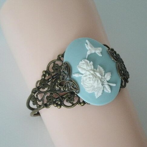 Blue Hummingbird Cameo Antiqued Brass Cuff Bracelet, Nature Bird Lovers in Saudi Arabia