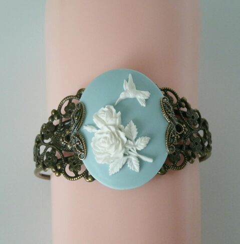 Blue Hummingbird Cameo Antiqued Brass Cuff Bracelet, Nature Bird Lovers in Saudi Arabia