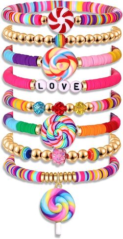 YAHPERN Candy Bracelet for Women Colorful Lollipop Bracelets Stackable Heishi Beaded Stretch Bracelet Halloween Christmas Candy Costume Accessories Candy Outfits Birthday Party Favors Gifts in Kuwait