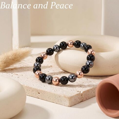 Copper Beads Bracelet for Women Men, 8mm Hematite Black Obsidian Copper Bracelet Anxiety Stress Relief Bracelets Triple Protection Healing Crystal Stone Jewelry Gift in Saudi Arabia