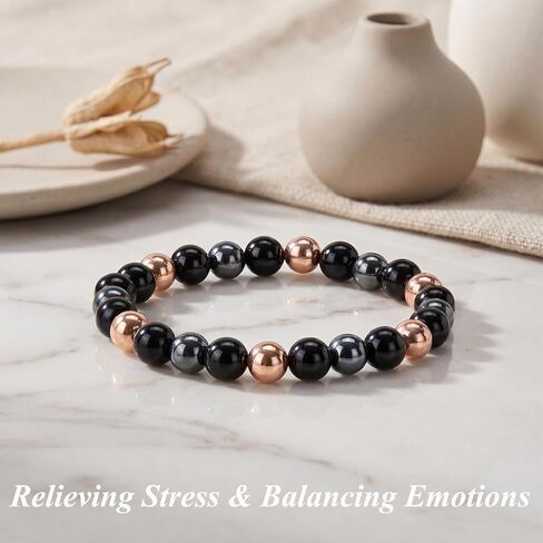 Copper Beads Bracelet for Women Men, 8mm Hematite Black Obsidian Copper Bracelet Anxiety Stress Relief Bracelets Triple Protection Healing Crystal Stone Jewelry Gift in Saudi Arabia