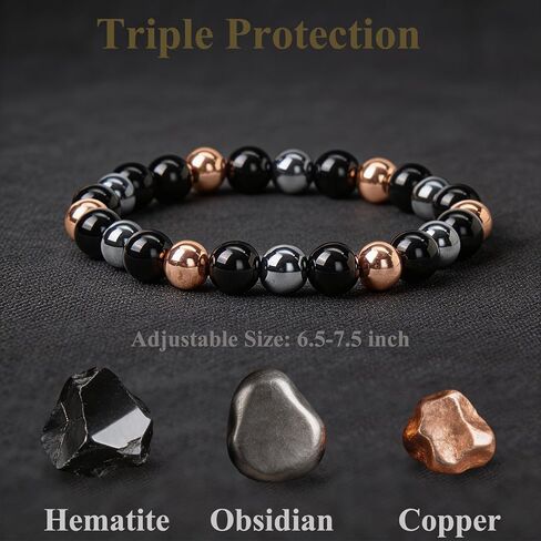 Copper Beads Bracelet for Women Men, 8mm Hematite Black Obsidian Copper Bracelet Anxiety Stress Relief Bracelets Triple Protection Healing Crystal Stone Jewelry Gift in Saudi Arabia