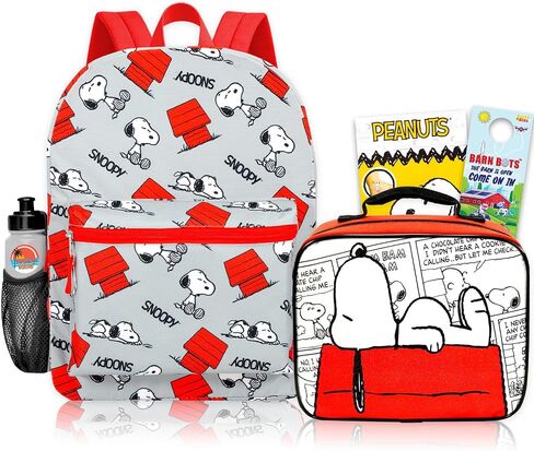 Snoopy Backpack with Lunch Box - Bundle with 16" Peanuts Backpack Plus Lunch Bag, Water Bottle, Tattoos | Snoopy School Bag and Lunchbox for Kids, Boys, Girls in Kuwait