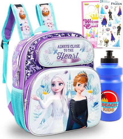 Disney Frozen Mini Backpack for Girls - Bundle with 12" Canvas Elsa and Anna School Bag with Water Bottle, Stickers, More | Frozen Backpack Purse Set for Kids in Kuwait