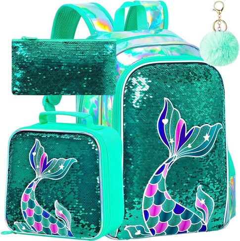 HPJGD 3PCS Mermaid Backpack for Girls, Water Resistant Kids Sequins Bookbag Set with Lunch Box, Cute Elementary School Bag for Preschool Toddler - Pink Mermaid Fishtail in Saudi Arabia