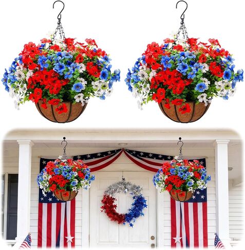 2 Sets Red White and Blue Hanging Flower Baskets Porch Decor 4th of July Outdoor Artificial Flowers Patriotic 250th Anniversary Independence Day Faux Flower Basket for Front Porch Patio Decor in Saudi Arabia
