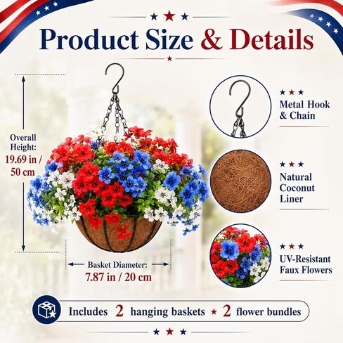 2 Sets Red White and Blue Hanging Flower Baskets Porch Decor 4th of July Outdoor Artificial Flowers Patriotic 250th Anniversary Independence Day Faux Flower Basket for Front Porch Patio Decor in Saudi Arabia