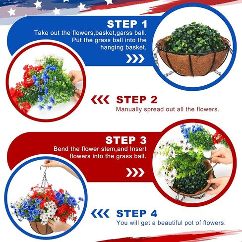 2 Sets Red White and Blue Hanging Flower Baskets Porch Decor 4th of July Outdoor Artificial Flowers Patriotic 250th Anniversary Independence Day Faux Flower Basket for Front Porch Patio Decor in Saudi Arabia