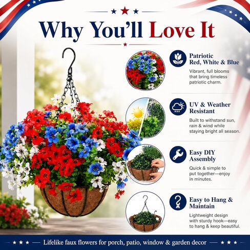 2 Sets Red White and Blue Hanging Flower Baskets Porch Decor 4th of July Outdoor Artificial Flowers Patriotic 250th Anniversary Independence Day Faux Flower Basket for Front Porch Patio Decor in Saudi Arabia