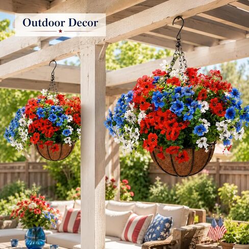 2 Sets Red White and Blue Hanging Flower Baskets Porch Decor 4th of July Outdoor Artificial Flowers Patriotic 250th Anniversary Independence Day Faux Flower Basket for Front Porch Patio Decor in Saudi Arabia