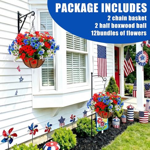 2 Sets Red White and Blue Hanging Flower Baskets Porch Decor 4th of July Outdoor Artificial Flowers Patriotic 250th Anniversary Independence Day Faux Flower Basket for Front Porch Patio Decor in Saudi Arabia