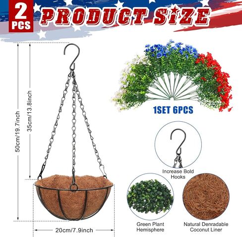 2 Sets Red White and Blue Hanging Flower Baskets Porch Decor 4th of July Outdoor Artificial Flowers Patriotic 250th Anniversary Independence Day Faux Flower Basket for Front Porch Patio Decor in Saudi Arabia