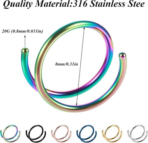 Xinjoduz 6 PCS Double Hoop Nose Ring for Single Piercing, Stainless Steel Twist Spiral Nose Rings Double Hoops for Women, 20 Gauge Nostril Piercing Jewelry (8 mm, 6 Colors) in Kuwait