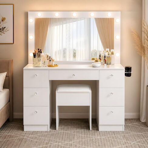 Naomi Home Vera 46" Vanity Set with Mirror, Stool & 11 LED Lights, Makeup Table with 7 Drawers, 3 Lighting Modes with Adjustable Brightness, Dressing Table with Premium Crystal Knobs for Bedroom in Saudi Arabia