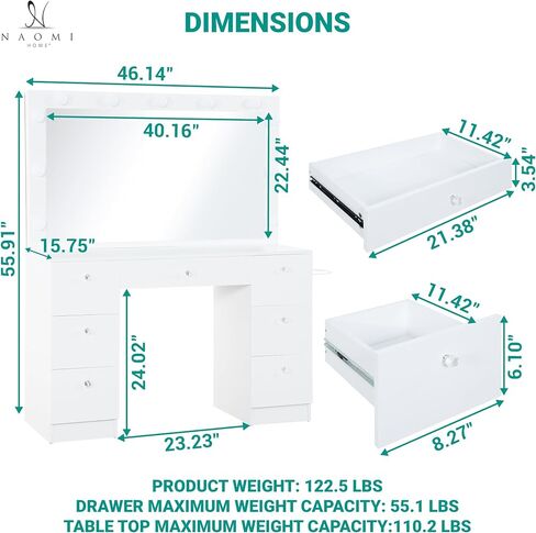 Naomi Home Vera 46" Vanity Set with Mirror, Stool & 11 LED Lights, Makeup Table with 7 Drawers, 3 Lighting Modes with Adjustable Brightness, Dressing Table with Premium Crystal Knobs for Bedroom in Saudi Arabia