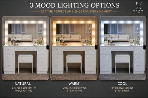 Naomi Home Vera 46" Vanity Set with Mirror, Stool & 11 LED Lights, Makeup Table with 7 Drawers, 3 Lighting Modes with Adjustable Brightness, Dressing Table with Premium Crystal Knobs for Bedroom in Saudi Arabia