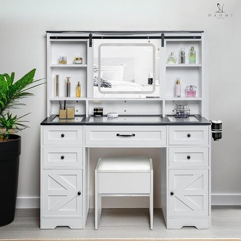 Naomi Home Vera 46" Vanity Set with Mirror, Stool & 11 LED Lights, Makeup Table with 7 Drawers, 3 Lighting Modes with Adjustable Brightness, Dressing Table with Premium Crystal Knobs for Bedroom in Saudi Arabia