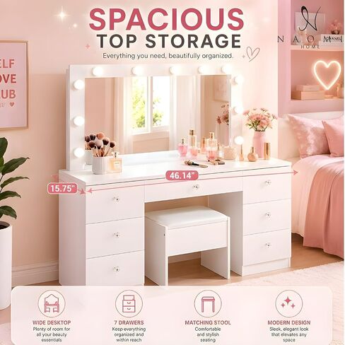 Naomi Home Vera 46" Vanity Set with Mirror, Stool & 11 LED Lights, Makeup Table with 7 Drawers, 3 Lighting Modes with Adjustable Brightness, Dressing Table with Premium Crystal Knobs for Bedroom in Saudi Arabia