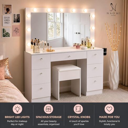 Naomi Home Vera 46" Vanity Set with Mirror, Stool & 11 LED Lights, Makeup Table with 7 Drawers, 3 Lighting Modes with Adjustable Brightness, Dressing Table with Premium Crystal Knobs for Bedroom in Saudi Arabia