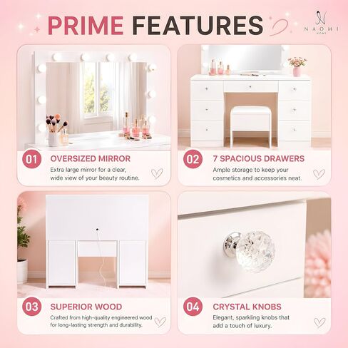 Naomi Home Vera 46" Vanity Set with Mirror, Stool & 11 LED Lights, Makeup Table with 7 Drawers, 3 Lighting Modes with Adjustable Brightness, Dressing Table with Premium Crystal Knobs for Bedroom in Saudi Arabia