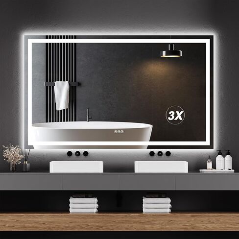 LED Bathroom Wall Mirror 60 x 36 Inch, Frameless Vanity Mirror with Front Light & Ambient Backlight, Single Front LED Strip with 150mm Suction 3X Mirror, Dimmable & Adjustable Color Tempera in Saudi Arabia