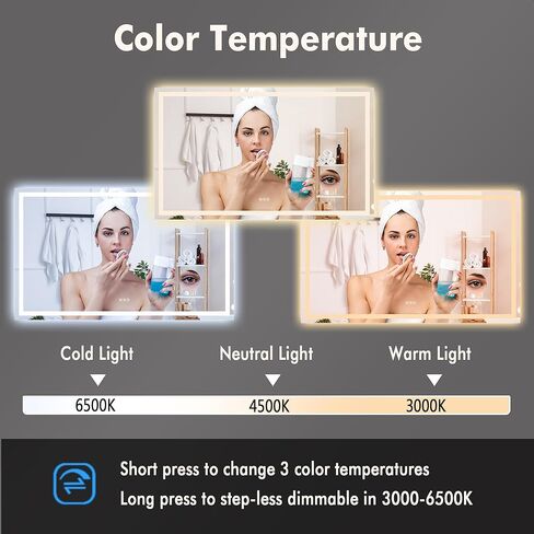 LED Bathroom Wall Mirror 60 x 36 Inch, Frameless Vanity Mirror with Front Light & Ambient Backlight, Single Front LED Strip with 150mm Suction 3X Mirror, Dimmable & Adjustable Color Tempera in Saudi Arabia