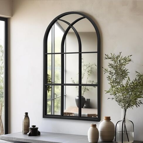 Dewfig Arched Window Wall Mirror, 42"x24", Decorative Mirror, Vanity Mirrors for Bathroom, Bedroom, Entryway, Living Room, Window Pane or Farmhouse Mirrors for Wall Decor, Metal Frame, Black in Saudi Arabia