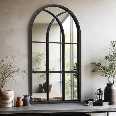 Dewfig Arched Window Wall Mirror, 42"x24", Decorative Mirror, Vanity Mirrors for Bathroom, Bedroom, Entryway, Living Room, Window Pane or Farmhouse Mirrors for Wall Decor, Metal Frame, Black in Saudi Arabia