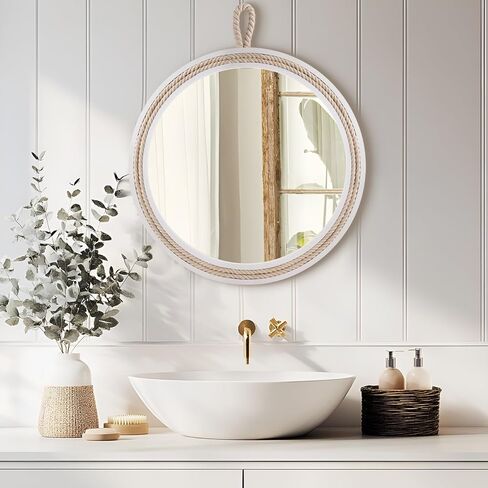 Nautical Round Wall Mirror with Rope 20'' White Circle Hanging Mirror Nursery Coastal Beachy Wall Mirror Decorative Mirror for Bathroom,Livingroom,Entryway-Nautical Theme Décor in Saudi Arabia