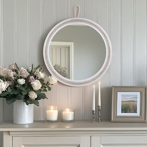 Nautical Round Wall Mirror with Rope 20'' White Circle Hanging Mirror Nursery Coastal Beachy Wall Mirror Decorative Mirror for Bathroom,Livingroom,Entryway-Nautical Theme Décor in Saudi Arabia