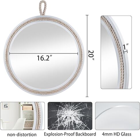 Nautical Round Wall Mirror with Rope 20'' White Circle Hanging Mirror Nursery Coastal Beachy Wall Mirror Decorative Mirror for Bathroom,Livingroom,Entryway-Nautical Theme Décor in Saudi Arabia