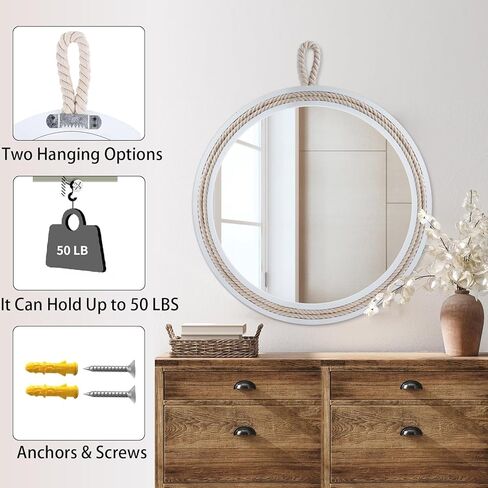 Nautical Round Wall Mirror with Rope 20'' White Circle Hanging Mirror Nursery Coastal Beachy Wall Mirror Decorative Mirror for Bathroom,Livingroom,Entryway-Nautical Theme Décor in Saudi Arabia