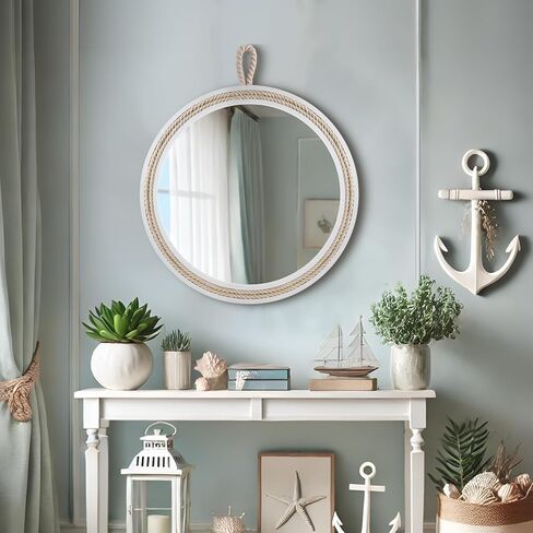 Nautical Round Wall Mirror with Rope 20'' White Circle Hanging Mirror Nursery Coastal Beachy Wall Mirror Decorative Mirror for Bathroom,Livingroom,Entryway-Nautical Theme Décor in Saudi Arabia