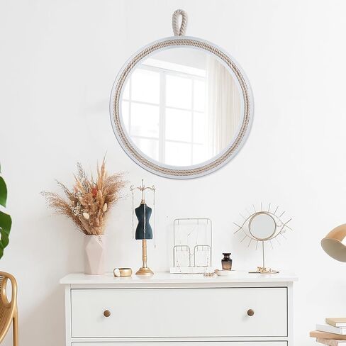 Nautical Round Wall Mirror with Rope 20'' White Circle Hanging Mirror Nursery Coastal Beachy Wall Mirror Decorative Mirror for Bathroom,Livingroom,Entryway-Nautical Theme Décor in Saudi Arabia