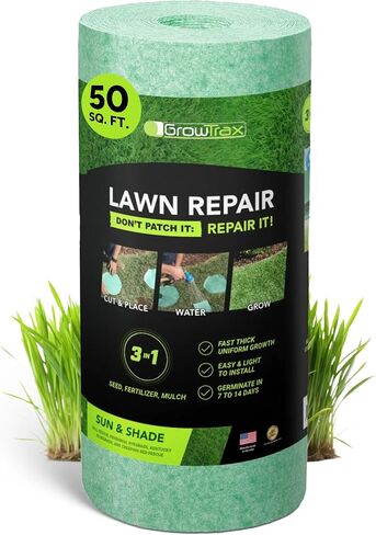 Grotrax Biodegradable Grass Seed Mat, Year Round Green - 50 Sq Ft Quick Fix Roll - Growing Solution for Lawns, Dog Patches and Shade - Just Roll Water & Grow -Not Fake or Artificial Grass in Kuwait