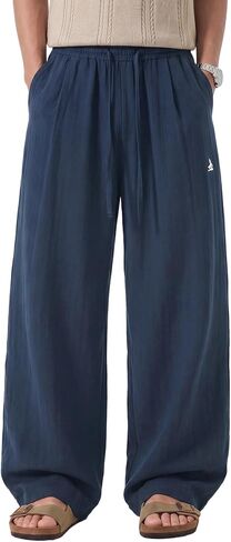 Mens Beach Pants Lightweight Old Money Wide Leg Pants Breathable Elastic Waist Drawstring Trousers Navy Medium in Saudi Arabia