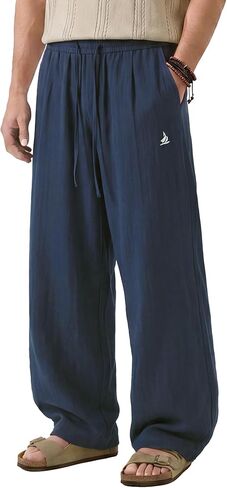 Mens Beach Pants Lightweight Old Money Wide Leg Pants Breathable Elastic Waist Drawstring Trousers Navy Medium in Saudi Arabia