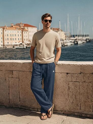 Mens Beach Pants Lightweight Old Money Wide Leg Pants Breathable Elastic Waist Drawstring Trousers Navy Medium in Saudi Arabia