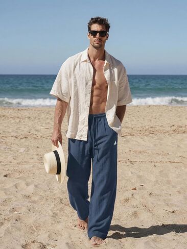 Mens Beach Pants Lightweight Old Money Wide Leg Pants Breathable Elastic Waist Drawstring Trousers Navy Medium in Saudi Arabia
