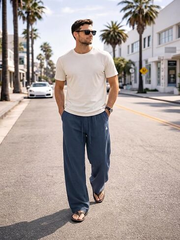 Mens Beach Pants Lightweight Old Money Wide Leg Pants Breathable Elastic Waist Drawstring Trousers Navy Medium in Saudi Arabia