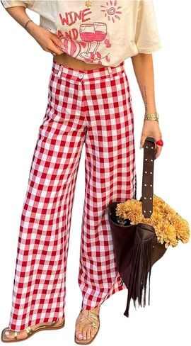 MakeMeChic Women's Plaid Wide Leg Palazzo Pants High Waist Split Summer Vacation Pants in Saudi Arabia