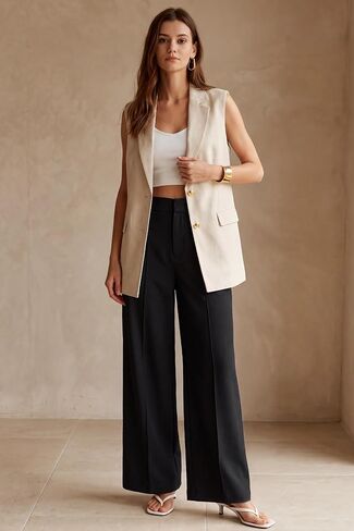 Arach&Cloz Women's Linen Blend Wide Leg Pants All-Season Work Dress Trousers in Kuwait