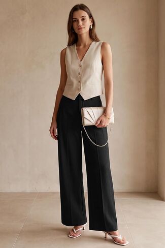 Arach&Cloz Women's Linen Blend Wide Leg Pants All-Season Work Dress Trousers in Kuwait
