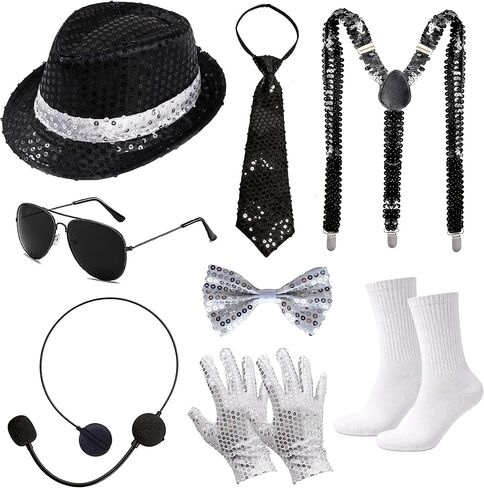 RIOSO 70s 80s Disco Outfits Dance Star Costume 70s 80s Pop Stage Sequin Gloves Black Fedora Hat Aviator Sunglass Tie Sequin Strap for Cosplay Party Halloween in Saudi Arabia