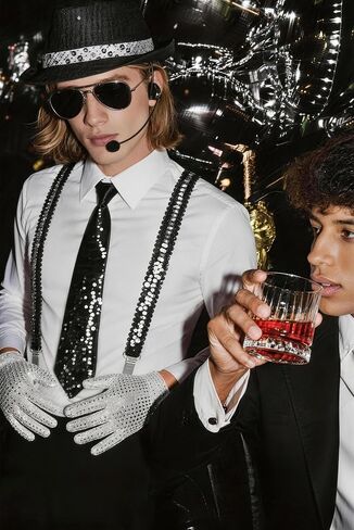 RIOSO 70s 80s Disco Outfits Dance Star Costume 70s 80s Pop Stage Sequin Gloves Black Fedora Hat Aviator Sunglass Tie Sequin Strap for Cosplay Party Halloween in Saudi Arabia